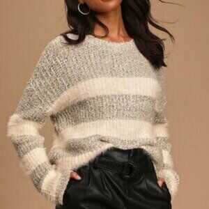 LUSH Fuzzy Grey and White Striped Sweater